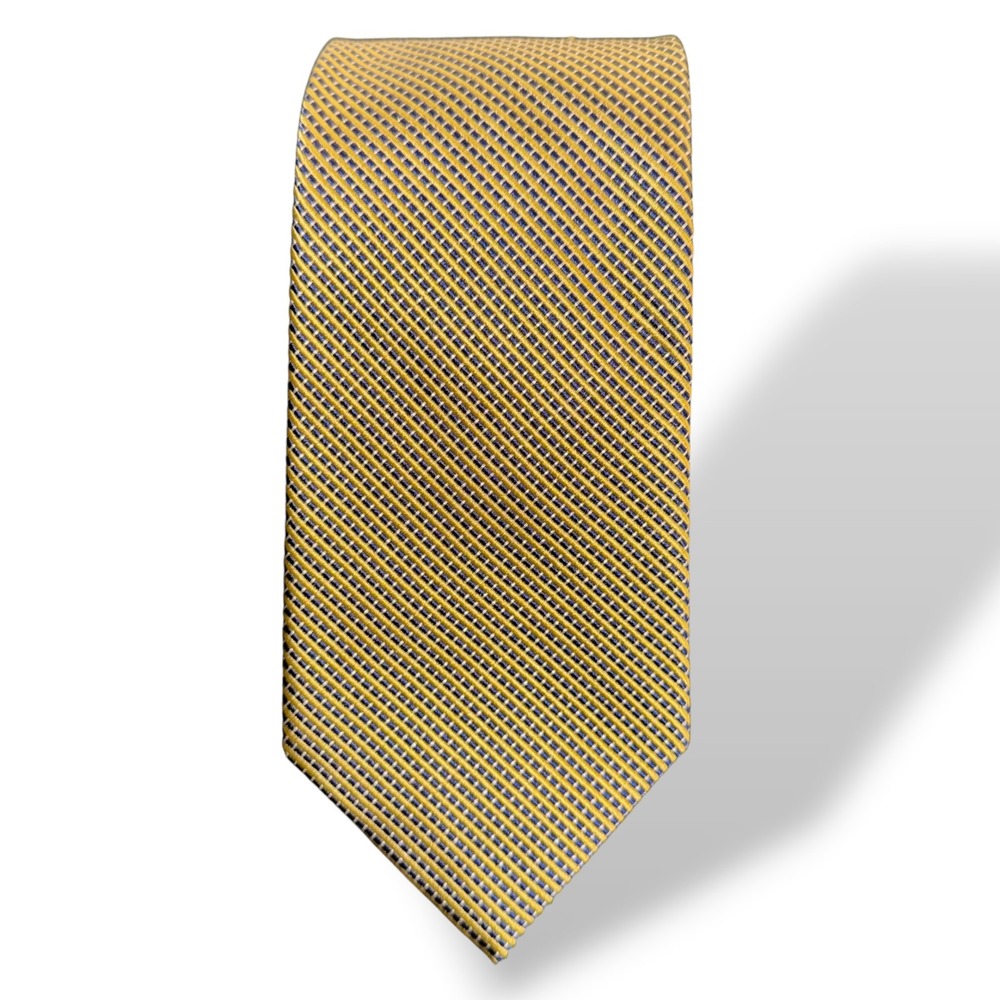 Brooks Brothers Necktie Men OS Yellow Navy Blue Micro Check Silk Blend Woven Tie